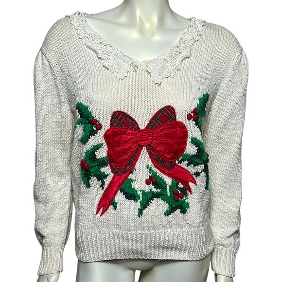 Bechamel White Hand-Knit Sweater with Lace Collar & Holiday Bow Design, Size M - Picture 2 of 11
